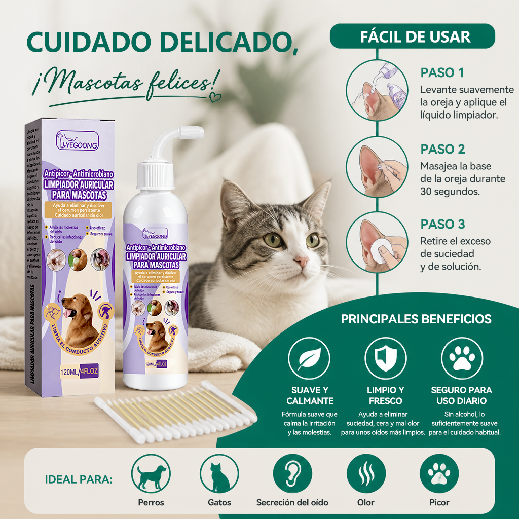 🌼💖Limpiador suave para oídos de mascotas: fórmula sin olor para perros y gatos
